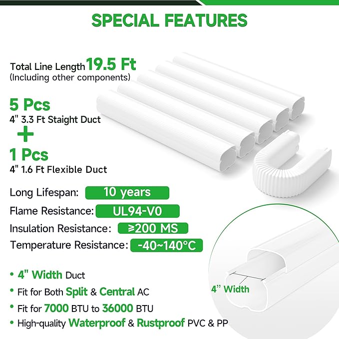 4'' 19.5 Ft Mini Split Line Cover Set, PVC & PP Pipe Covers for Mini Split Lines, Line Guard for Central AC, White