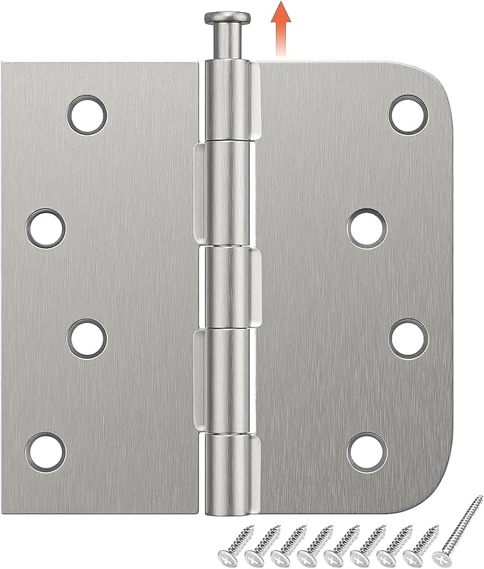 HOSOM 12 Pack Brushed Nickel Exterior Door Hinges 4 Inch, 5/8" Radius, Removable Pin, Perfect for Heavy-Duty Front & Back Door, Antirust & No Squeaks