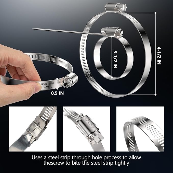 4 Pcs Hose Clamps 4 Inch, Hose Clamp for Dryer Vent, Stainless Steel Hose Clamps for Exhaust Hose, 3.5Inch-4.5Inch Adjustable Pipe Clamp for Plumbing, Automotive And Mechanical Application