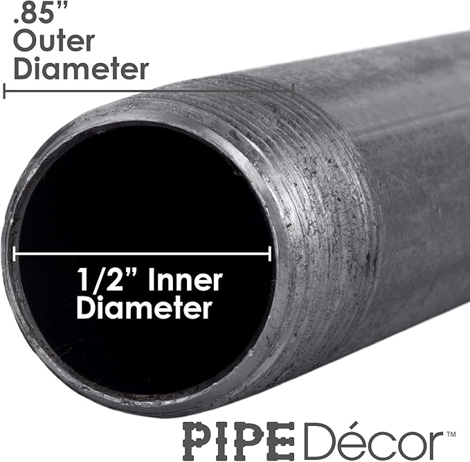 PIPE DÉCOR 1/2" x 5" Malleable Cast Iron Pipe Nipple, Pre Cut Connectors, Industrial Steel Grey Fits Standard Half Inch Black Threaded Pipes Nipples and Fittings, Vintage DIY Furniture, 6 Pack
