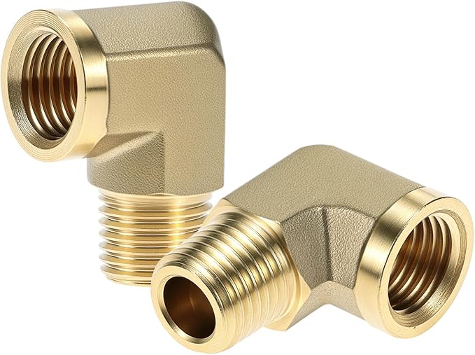 QWORK 90 Degree Brass Street Elbow, 2 Pack 1/4" NPT Male x 1/4" NPT Female Forged Fitting, High-Temperature Brass Connector, NPT Pipe Fittings