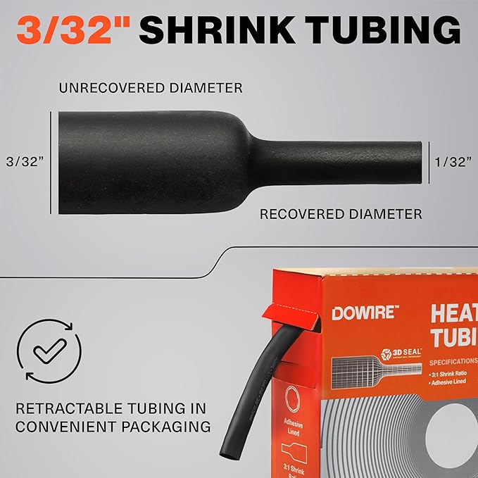 Heat Shrink Tubing 3/32" - Adhesive Lined - 3:1 Ratio - Waterproof Marine Grade Shrink Tube - Wire Shrink Wrap Tubing - Black - 50 Feet