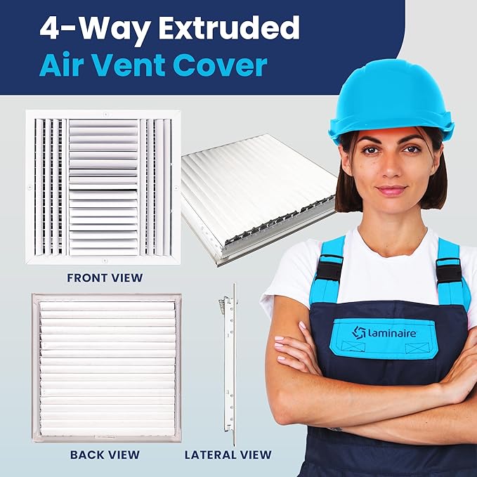 20x20 Inch (Duct Opening) Aluminum 4-Way Air Flow Vent – HVAC Vent Cover for Wall or Ceiling – Quiet HVAC Wall Register with Multi-Shutter Damper – Adjustable Curved Blade - Plastic Seal for Tight Fit