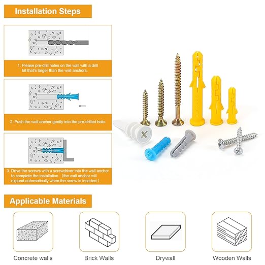 Drywall Anchors and Screws Assortment Kit，510Pcs Wall Hanging Kit with Anchors and Screws, Wall Anchors for Drywall,Anchors Wall Hanging Kit 6 Sizes Picture Hangers,Picture Hanging Kit for Decor Art