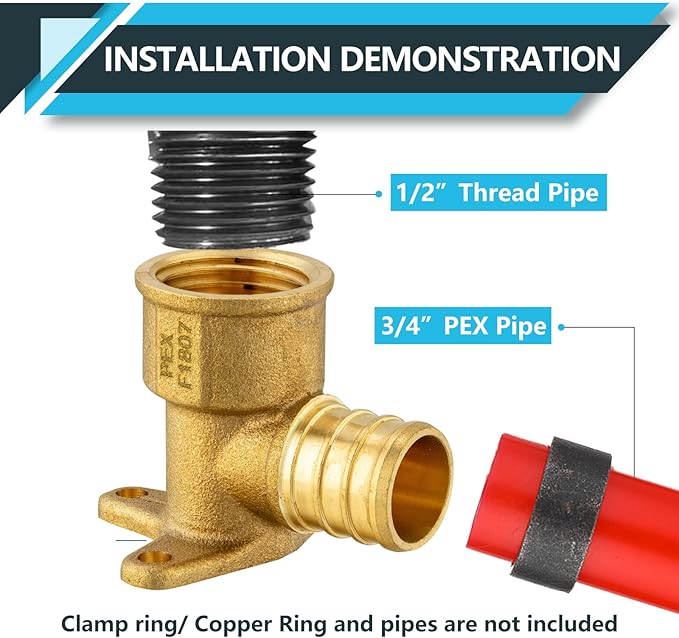 (5-Pack) PEX Fittings, Pex 3/4"x1/2" Female Threaded NPT Drop Ear Elbow Adapter, Brass Crimp Fittings, for PEX Tubing Pipe Plumbing, ASTM F1807