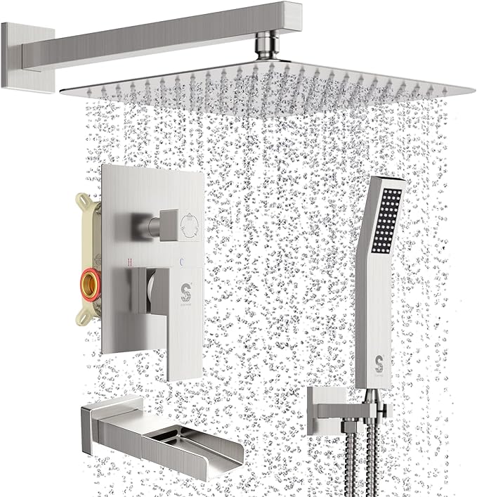 SR SUN RISE 12 Inches All Metal Shower System with Tub Spout Square Rain Shower Head and Handheld Combo Shower Fixtures, Bathtub Faucet Set, Shower Valve and Trim Kit, Brushed Nickel