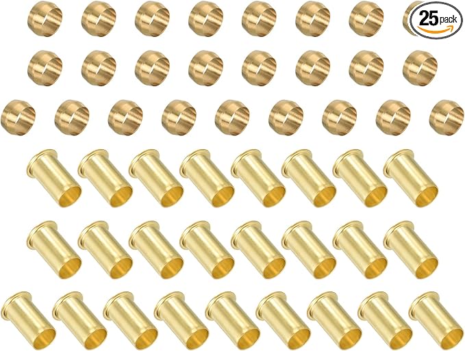 PATIKIL 3/8" Tube ID Compression Assortment Kit, 25 Set Brass Compression Sleeve Ferrule & Insert for Oil Air Pipe