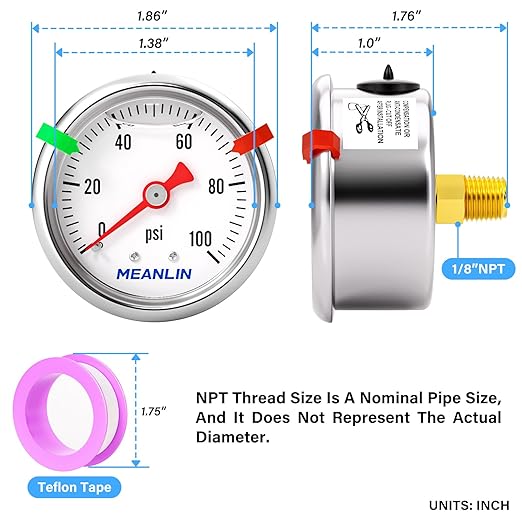 MEANLIN MEASURE 0~100Psi Pressure Gauge, Glycerin Filled 1/8" NPT 1.5" FACE DIAL, Stainless Steel Liquid Filled Pressure Gauge WOG Water Oil Air Back Mount (with 2PCS Snaps)