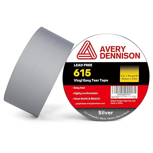 Avery Dennison Duct Tape, Heavy Duty PVC Easy Tear Tape, Strong Adhesive Waterproof Duct Tape for Indoor Outdoor Repairs, 2 in x 36 Yard, Silver, 2 Rolls