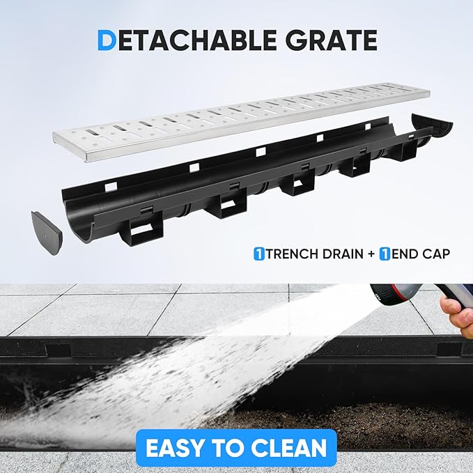 FAHKNS 5 Pack Trench Drain System, HDPE Channel Drainage with 304 Stainless Steel Metal Grate, Durable Garage Flooring Drain for Driveway, Garden, Patio, Pool Deck, Easy to Install
