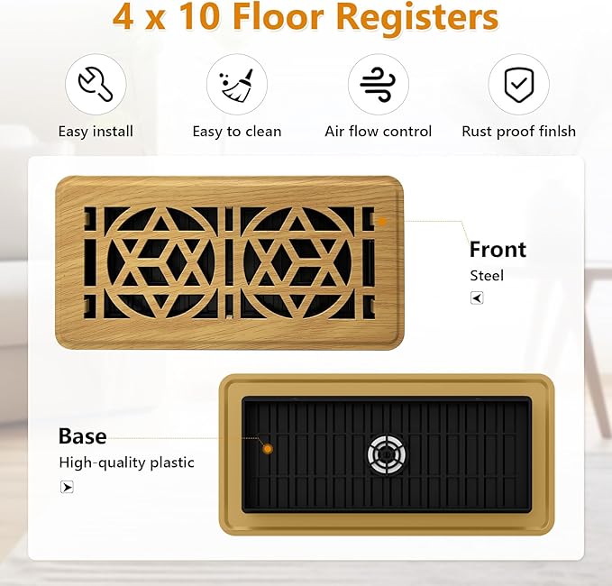 Floor Vent Covers 4 Pack,Floor Register 4x10, Heavy Duty Walkable Steel Vent Cover, Adjustable Metal Decorative Vent Covers for Home Floor Ceiling or Sidewall Vent, Rust-Proof Finish (White Oak-4Pack)