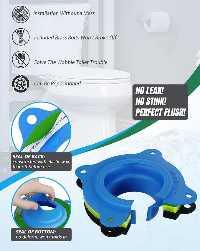 Elastic Wax Ring Kit for Toilet Installation - Reusable Toilet Seal Ring with Blue Seal, EVA Spacer, Full Hardware - Fits 3"/4" Drain & Floor Flange Repair