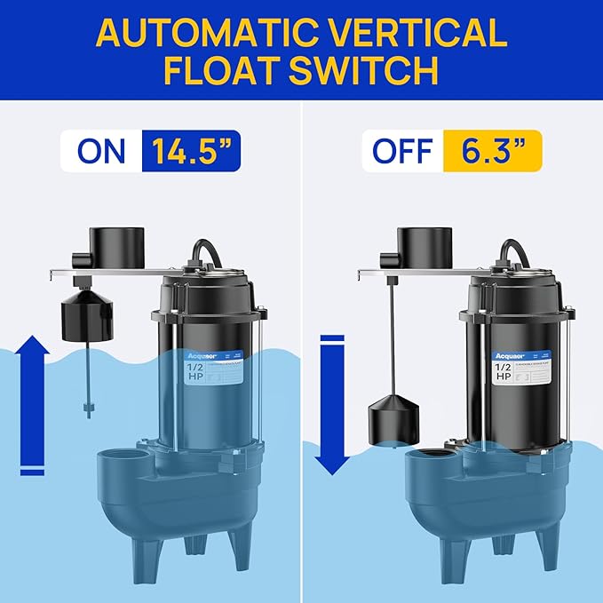Acquaer 1/2HP Sump Pump Submersible, 6000 GPH Cast Iron Sewage Pump with Automatic Integrated Vertical Float Switch and Piggyback Plug, 2'' NPT Discharge Basements Pump for Sewers, Flood Zones
