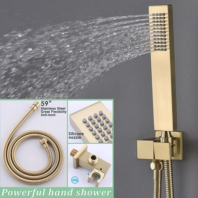 Temperature Display Rain Mixer Shower Faucet Set with 6 pcs Body Jets 12 inch Square Rainfall Shower Head with Handheld Spray Wall Mounted Rough-in Valve and Trim Included,Brushed Gold