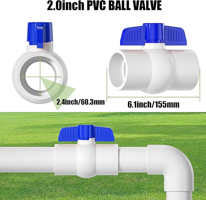 2PCS 2" PVC Ball Valve, SCH40 Slip PVC Water Pipe Valve with Easy Turn Blue T-Handle, Shut-Off Ball Valve Socket for Swimming Pool, Sprinkler Lines, Outdoor Plumbing & Irrigation System