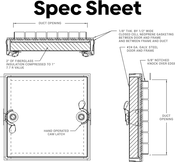 Best 10" x 10" Removable Duct Access Panel with Neoprene Gasket, 2” Fiberglass Insulated HVAC Duct Access Door, 24-Gauge Steel Double Panel, 5/8" Notched Knock Over Tabs, Hand Cam Latch, BA-CD-5080