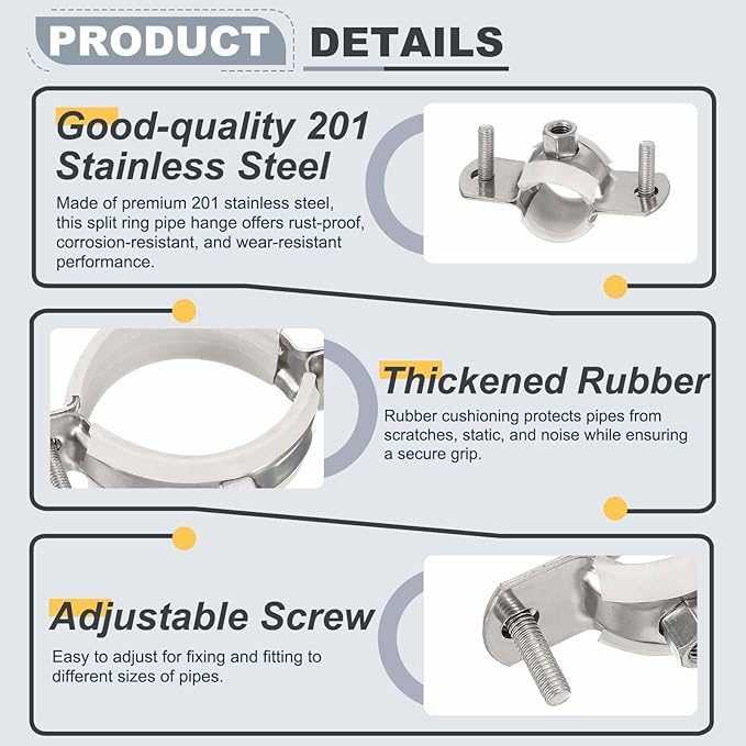 HARFINGTON 2pcs 201 Stainless Steel 7.5-7.9"/190-200mm Split Ring Pipe Hanger Pipe Strap Clamp Split Ring Hanger with Rubber for Tubing Shower Curtain Tiki Torch, Silver Tone