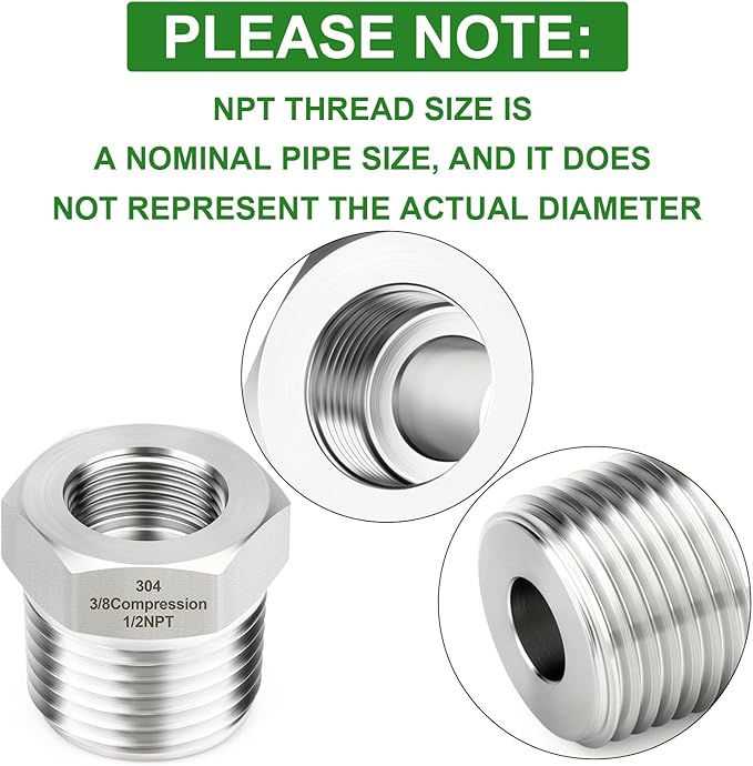 TAISHER 5PCS 304 Stainless Steel Reducer Water Hose Adapter 1/2" NPT × 3/8" Compression Pipe Fitting for kitchen bathroom faucet supply line adapter with rubber gasket