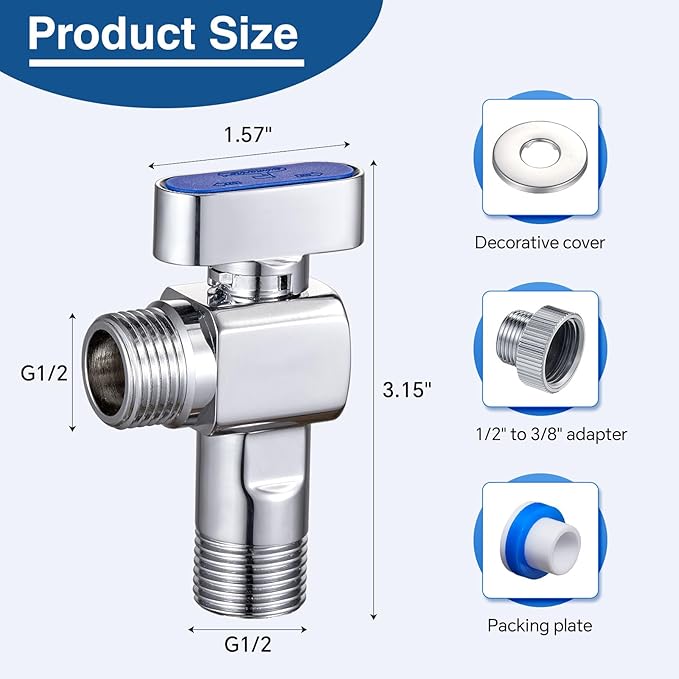 4-Pack SUBMARINE 1/4 Turn Brass Angle Stop Valve Body & Core Control hot and cold water without leakage, 1/2'' Inlet and 1/2'' Outlet Caliber with 3/8'' Adapter for Kitchen and Bathroom