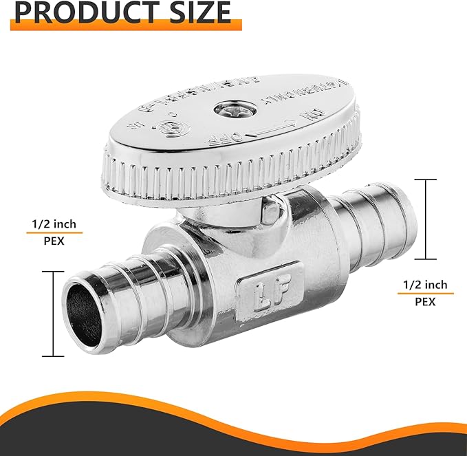 5-PCs HeSun Pex Barb Crimp Straight Stop Valve, 1/2" PEX x 1/2" PEX Straight Stop, 1/4 Turn Shut Off Valve for Bathroom, ASTM F1807(VALVE105-5)