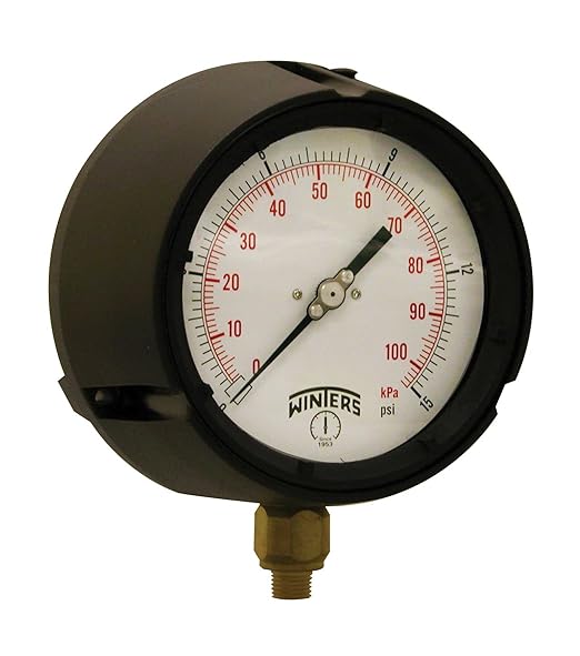 Winters PPC Series Phenolic Dual Scale Process Pressure Gauge with Brass Internals, 0-15 psi/kpa, 4-1/2" Dial Display, +/-0.5% Accuracy, 1/4" NPT Bottom Mount
