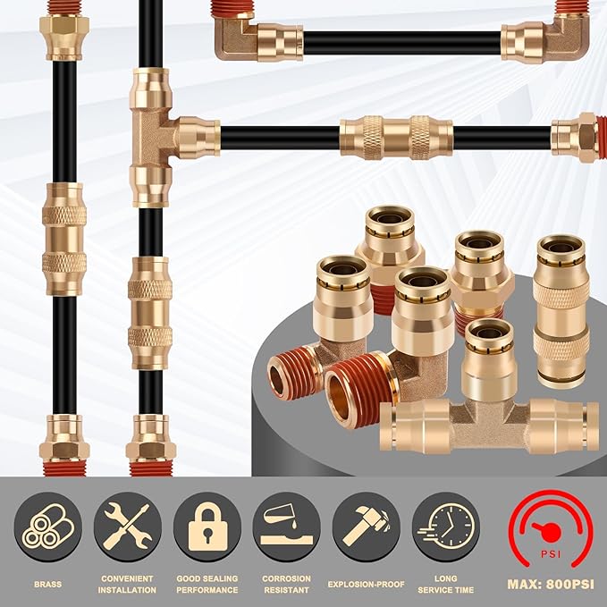 CheeMuii 3/8 Brass DOT Air Fittings With 32.8FT 3/8" DOT Air Line Kit Quick Connect DOT Air Line Fittings and PA12 Pneumatic Tubing for Semi Truck Trailer or Industrial Air System