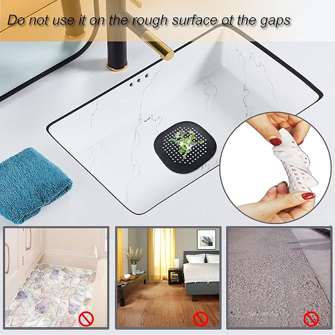 Hair Drain Catcher,Square Drain Cover for Shower Silicone Hair Stopper with Suction Cup,Easy to Install Suit for Bathroom,Bathtub,Kitchen 2 Pack (Black)