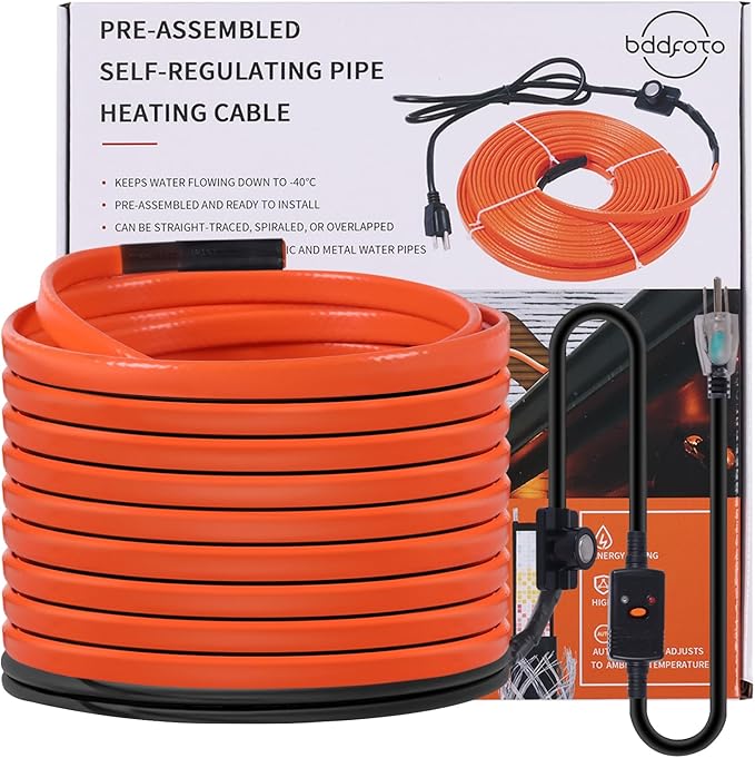 80FT Heat Tape for Water Pipes Freeze Protection IP65 Waterproof 7W/FT 110V BDDFOTO Heat Cable With GFCI Protection and Thermostat,Self-Regulating Pipe Heater for Roof/RV/Water Storage Tank