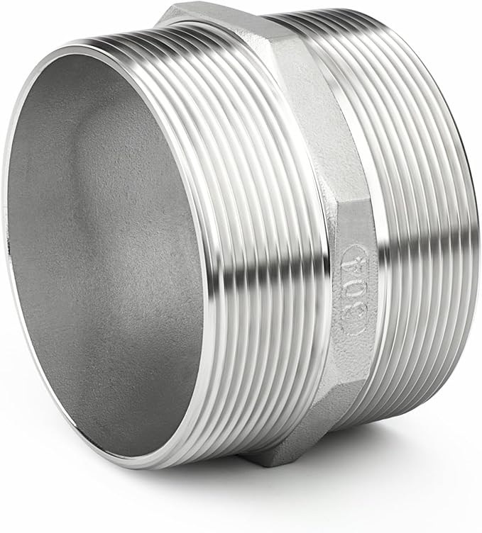 TAISHER 1PCS Cast 304 Stainless Steel Hex Nipple, Pipe Fitting 4" NPT Male x 4" NPT Male