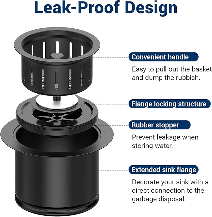 Kitchen Extended Garbage Disposal Flange Strainer Stainless Steel Flange Kit with Basket Strainer and Drain Stopper for 3 1/2 Inch Standard Sink Drain, Deep Sink Flange for Disposer, Black Brushed