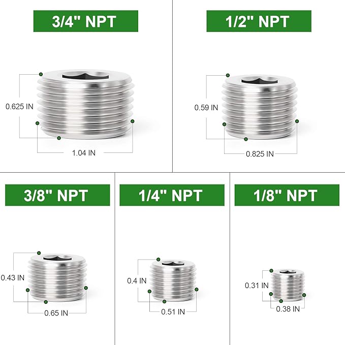 TAISHER 25PCS Stainless Steel Internal Hex Thread Socket Pipe Plug Fitting 1/8" 1/4" 3/8" 1/2" 3/4" NPT Male