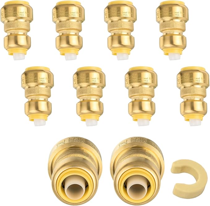 (Pack of 10) Niikappu 3/4" x 1/2" Reducing Coupling Brass Fittings, Push-to-Connect Plumbing Fitting for Pex, Copper, CPVC, Includes Removal Clip(PF017)