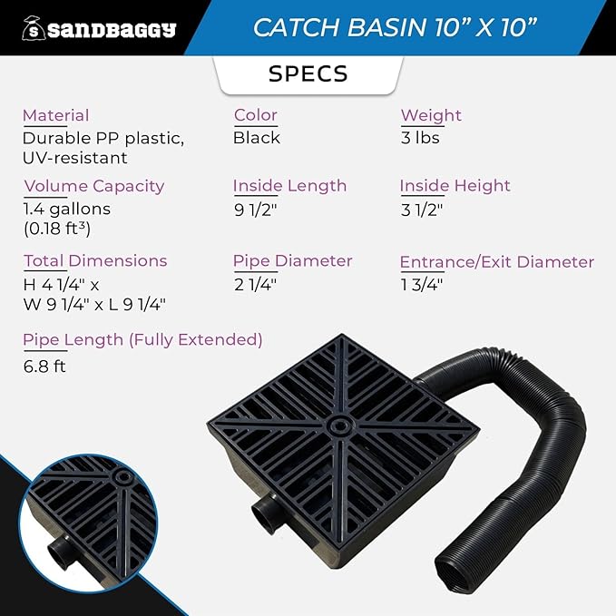10" x 10" Catch Basin with Flexible Drain Pipe – Outdoor Drainage System - Sandbaggy (10x10, 2, Count)