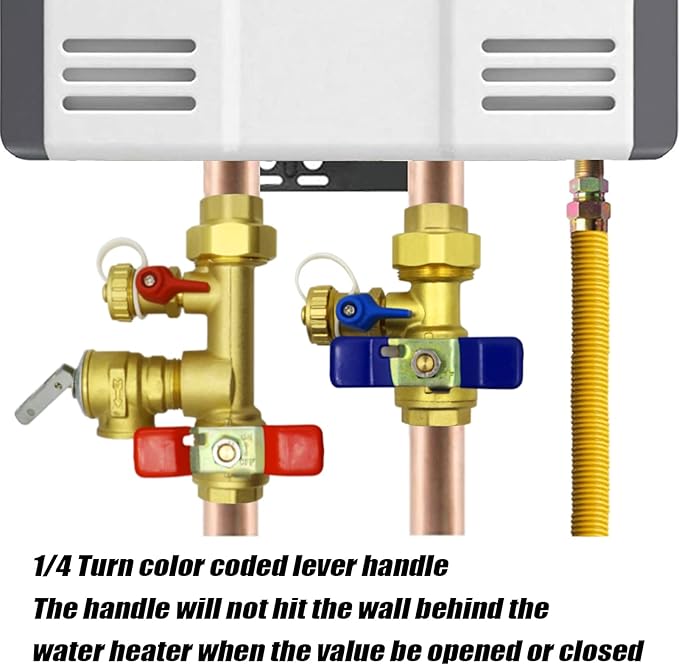 3/4 Inch IPS Isolator Tankless Water Heater Service Valve Kit with Pressure Relief Valve, Clean Brass, 3/4 Inch Service Installation Valve for rheem,rinai,ecosmart,navien,noritz,takagi,bosch