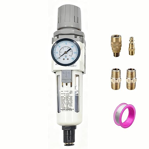 XingNEeng 3/8" NPT Compressed Air Filter Regulator Lubricator Combo, Auto-Drain Water/Oil Trap Separator, Gauge(0-150 psi), Poly Bowl, Metal Bracket, 5 Micron Brass Element, for Pneumatic Systems