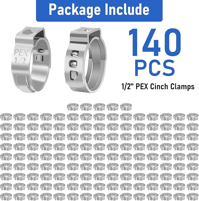 Kodilin 140-Pack 1/2 Pex Crimp Ring, Heavy-Duty 304 Stainless Steel Single Ear Pex Clamps Wider & Thicker Pex Cinch Clamps for Superior Grip & 360° Seal, Fits PEX Tubing Pipe Fitting Connections
