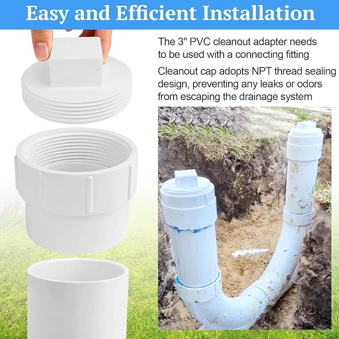 3" PVC Sewer Cleanout Adapter with Plug Pipe Fitting, PVC DWV Flush Sewer Cleanout Cap for Drainage Piping Connect System Outdoor Garden, RV Sewer and More