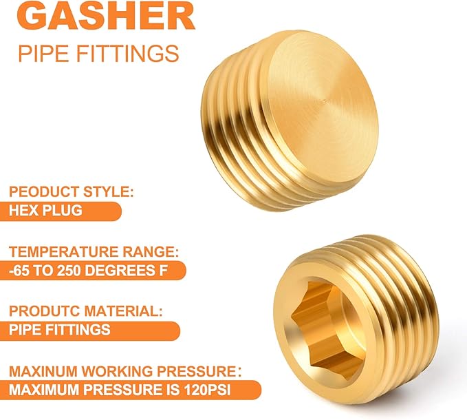 GASHER 25Pcs Brass Pipe Fitting,1/8" 1/4" 3/8" 1/2" 3/4" NPT Brass Internal Hex Thread Socket Pipe Plug Set