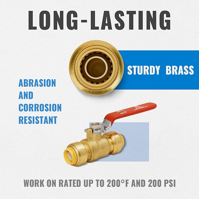 SUNGATOR 1/2 Inch Ball Valve, Water Shut Off Valve, No Lead Brass Push to Connect Plumbing Water Shutoff for PEX Pipe, Copper, CPVC, PE-RT, With 1 Disconnect Clip, Pack of 6