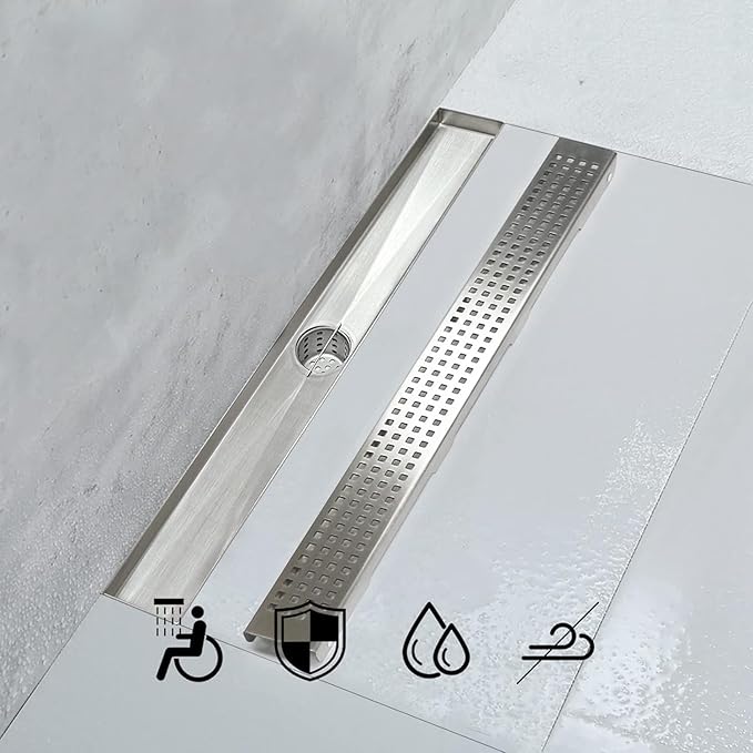 Linear Shower Drain, Drain 18 inch with Removable Grate Cover, Professional AISI 304 Stainless Steel Shower Floor Drain, Shower Drain with Hair Catcher and Leveling Feet