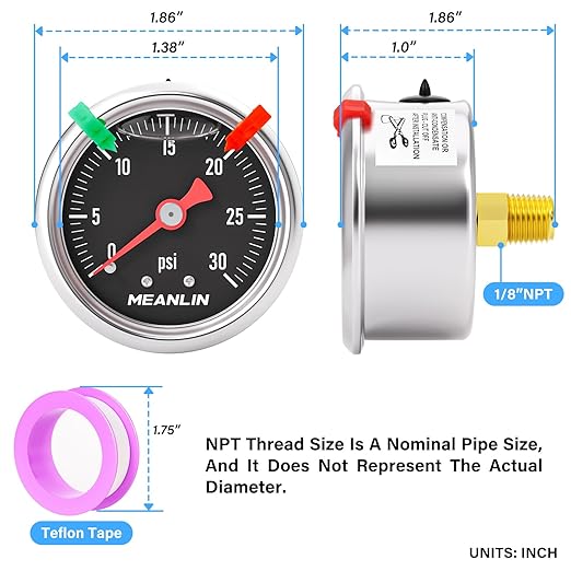 MEANLIN MEASURE 0~30Psi Black Stainless Steel Pressure Gauge, Glycerin Filled 1/8" NPT 1.5" FACE DIAL, Liquid Filled Pressure Gauge WOG Water Oil Air Back Mount (with 2PCS Snaps)