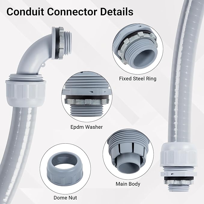 3/4 Inch 25FT Liquid Tight Conduit and Connector Kit, Flexible Non Metallic Electrical Conduit, with 5 Straight and 5 Angle Fittings, Suitable for Outdoor Lighting