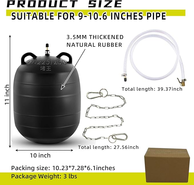 Test-Ball Pipeline Plugging Air Bag,Sewer Test Plug，Water Shut Off Airbag, Rubber Plumbing Balloon，Inflatable Pipe Test Plug，Used for Drainage Pipe, Sewage Pipe Temporary Water Blocking (10 Inchs)