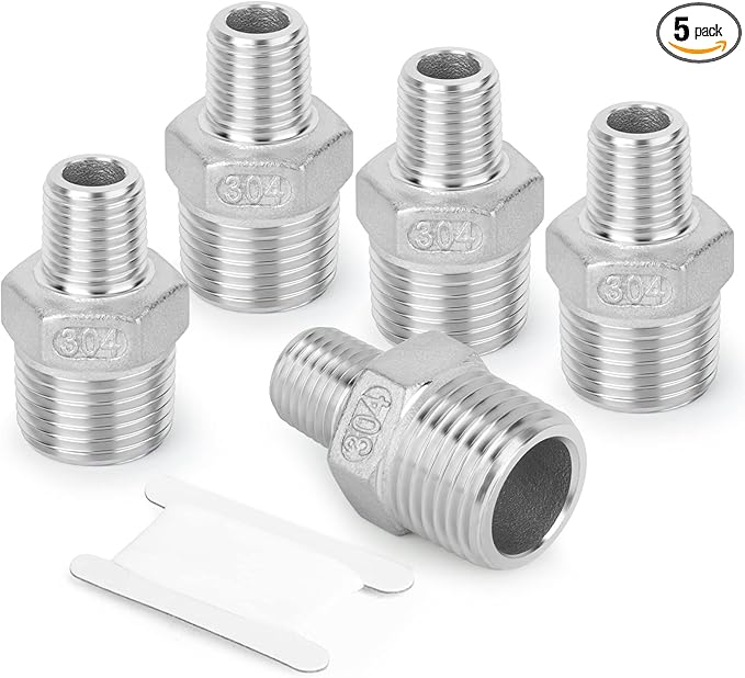 TAISHER 5PCS Cast 304 Stainless Steel Hex Nipple, Reducer Pipe Fitting 1/2-Inch Male Pipe x 3/8-Inch Male Pipe