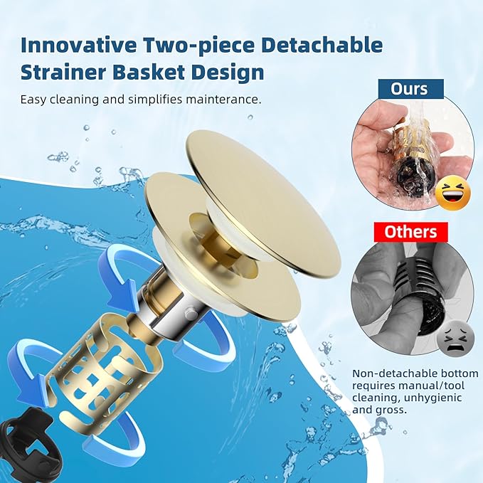 Hibbent Upgraded 3 in 1 Bathroom Sink Drain Strainer, Pop Up Sink Stopper with Big Push Cap, Anti-Clogging Metal Filter Basket,Sink Plug with Hair Catcher for 1.1''~2.36'' Basin, Brushed Gold