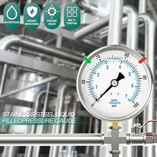 0-100PSI Stainless Steel Liquid Filled Pressure Gauge, 4" Dial Size, 1/4" NPT Lower Mount, for Tube, Water Pump, Gas, Liquid, Pressure Test (with Range Mark Pointer)