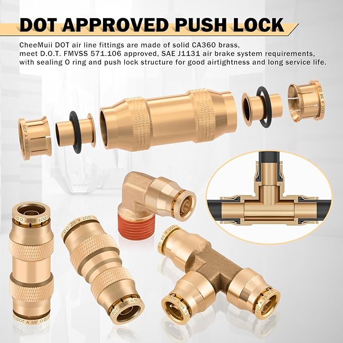 CheeMuii 124 PCS Brass DOT Air Line Fittings with 4 Roll 100FT 1/8" 1/4" 3/8" 1/2" DOT Air Lines Kit Push Lock Air Fitting Quick Connect Air Fittings with Air Hose Pneumatic Tubing
