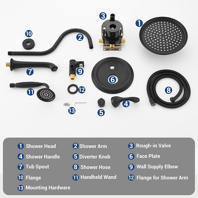 DASAN Matte Black Shower System with Tub Spout, Tub and Shower Faucet Combo Set with Valve & Trim Kit Bathtub Shower Faucet Set Bathtub Shower System with Rainfall Shower Head & Handheld, AT309W-MB