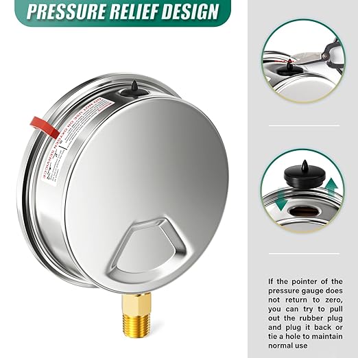 0-100PSI Stainless Steel Liquid Filled Pressure Gauge, 4" Dial Size, 1/4" NPT Lower Mount, for Tube, Water Pump, Gas, Liquid, Pressure Test (with Range Mark Pointer)