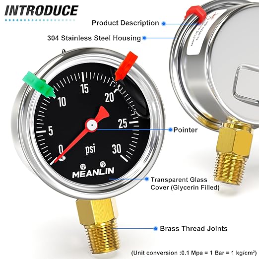 MEANLIN MEASURE 0~30Psi Black Stainless Steel Pressure Gauge, Glycerin Filled 1/8" NPT 1.5" FACE DIAL, Liquid Filled Pressure Gauge WOG Water Oil Air Lower Mount (with 2PCS Snaps)